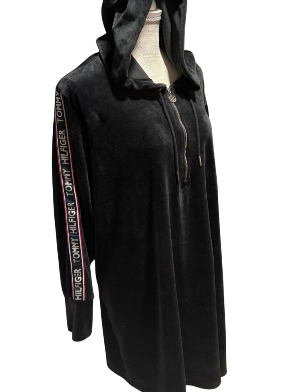 Tommy Hilfiger Black Velour Longline Hoodie Tunic Women 2X Logo Tape Half Zip